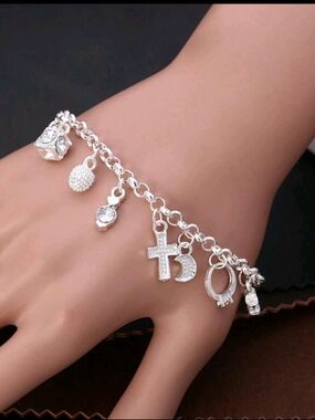Silver Charm Bracelet with Cross & Moon Charm Bracelet -925 silver